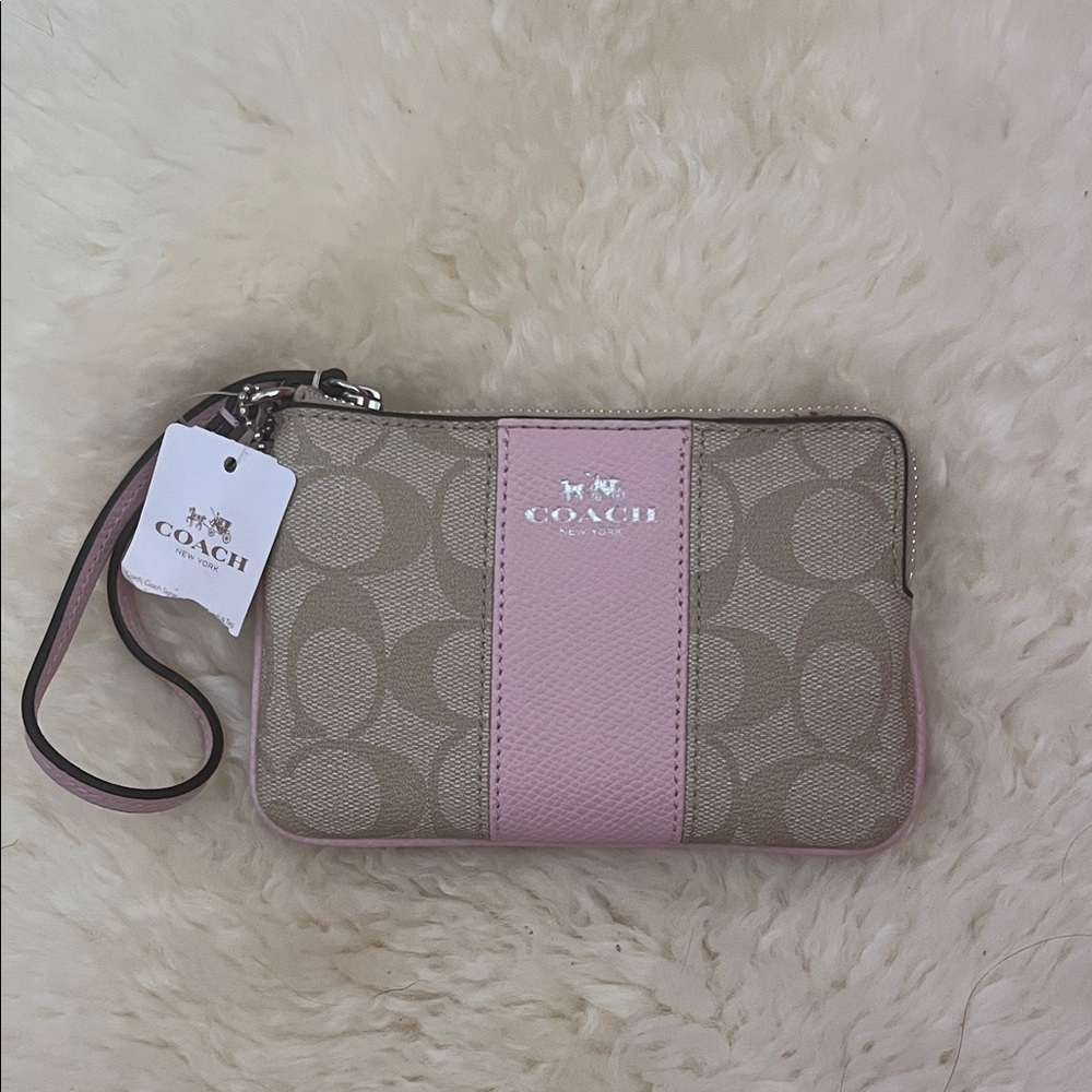 Coach Signature Pink and Tan Wristlet